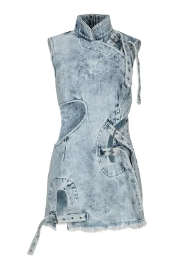 Clearance Marques ' Almeida ACID WASH DENIM MANDARIN CUT OUT DRESS ACIDWASH