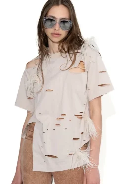 Outlet Marques ' Almeida DISTRESSED T-SHIRT WITH FEATHERS BEIGE