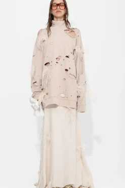 Clearance Marques ' Almeida DISTRESSED TURTLENECK WITH FEATHERS BEIGE