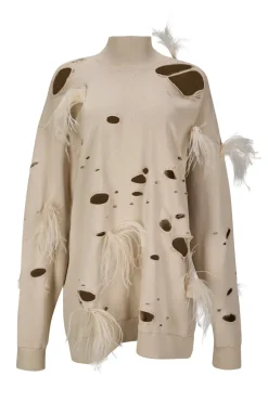 Clearance Marques ' Almeida DISTRESSED TURTLENECK WITH FEATHERS BEIGE