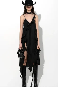 New Marques ' Almeida STRAP DRESS WITH ASYMMETRIC CASCADING FRILLS BLACK