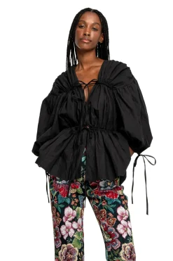 Discount Marques ' Almeida WRINKLED COTTON LACES RUCHED BLOUSE BLACK