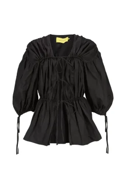 Discount Marques ' Almeida WRINKLED COTTON LACES RUCHED BLOUSE BLACK
