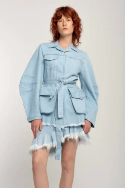 Discount Marques ' Almeida BLUE ROUND SLEEVE MULTI POCKET JACKET LIGHTBLUE