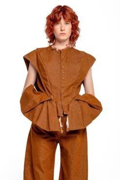 Best Marques ' Almeida DENIM STRUCTURE SHOULDER CINCHED TOP BROWN