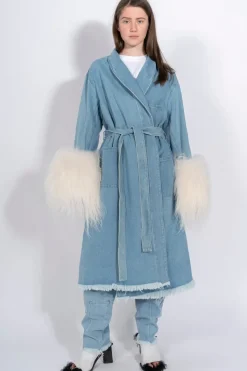 Discount Marques ' Almeida DRESSING GOWN COAT WITH SHEARLING CUFFS BLUE