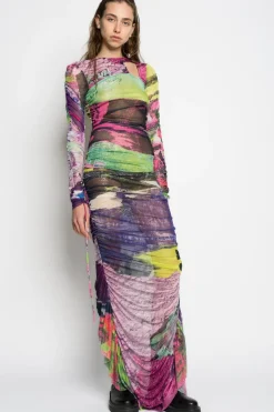 Hot Marques ' Almeida GRAFFITI PRINT LONG GATHERED MESH DRESS MULTICOLOUR