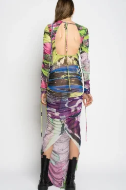 Hot Marques ' Almeida GRAFFITI PRINT LONG GATHERED MESH DRESS MULTICOLOUR