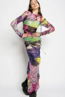 Hot Marques ' Almeida GRAFFITI PRINT LONG GATHERED MESH DRESS MULTICOLOUR