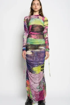 Hot Marques ' Almeida GRAFFITI PRINT LONG GATHERED MESH DRESS MULTICOLOUR