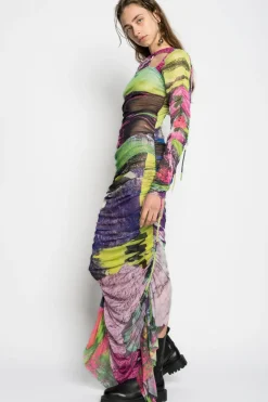 Hot Marques ' Almeida GRAFFITI PRINT LONG GATHERED MESH DRESS MULTICOLOUR
