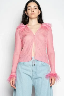 Discount Marques ' Almeida LIGHT PINK VISCOSE KNITTED TOP WITH FEATHERS LIGHTPINK