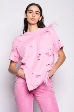 Clearance Marques ' Almeida DISTRESSED T-SHIRT WITH FEATHERS PINK