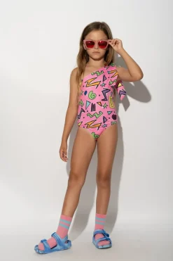 Discount Marques ' Almeida SQUIGGLE PRINT ONE-SHOULDER SWIMSUIT PINK