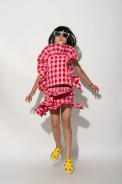 Marques ' Almeida RED AND PINK GINGHAM FRILL TOP MULTICOLOUR