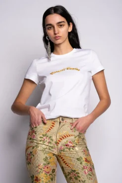 Clearance Marques ' Almeida CAP SLEEVE T-SHIRT WITH GOLD LOGO WHITE