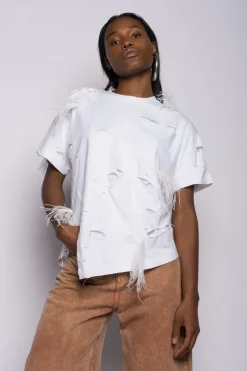 Marques ' Almeida LINED DISTRESSED T-SHIRT WITH FEATHERS WHITE