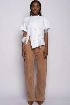 Marques ' Almeida LINED DISTRESSED T-SHIRT WITH FEATHERS WHITE