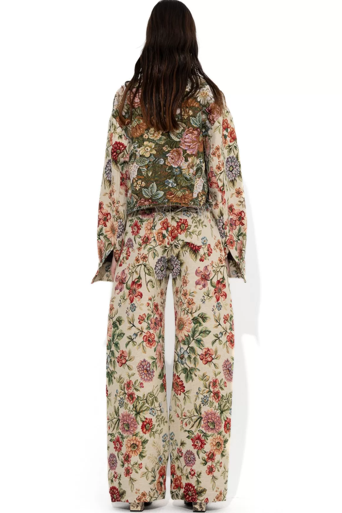 Shop BEIGE FLORAL BROCADE BOYFRIEND TROUSERS Women BOTTOMS