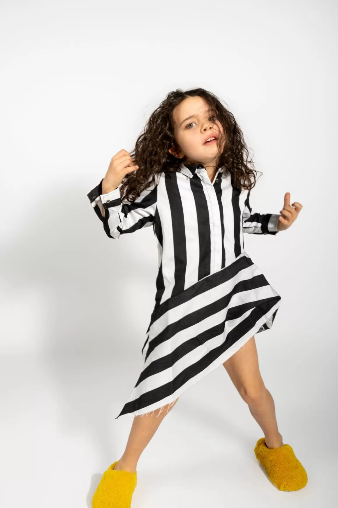 Shop BLACK AND WHITE STRIPED ASYMMETRIC SHIRT DRESS Kids DRESSES