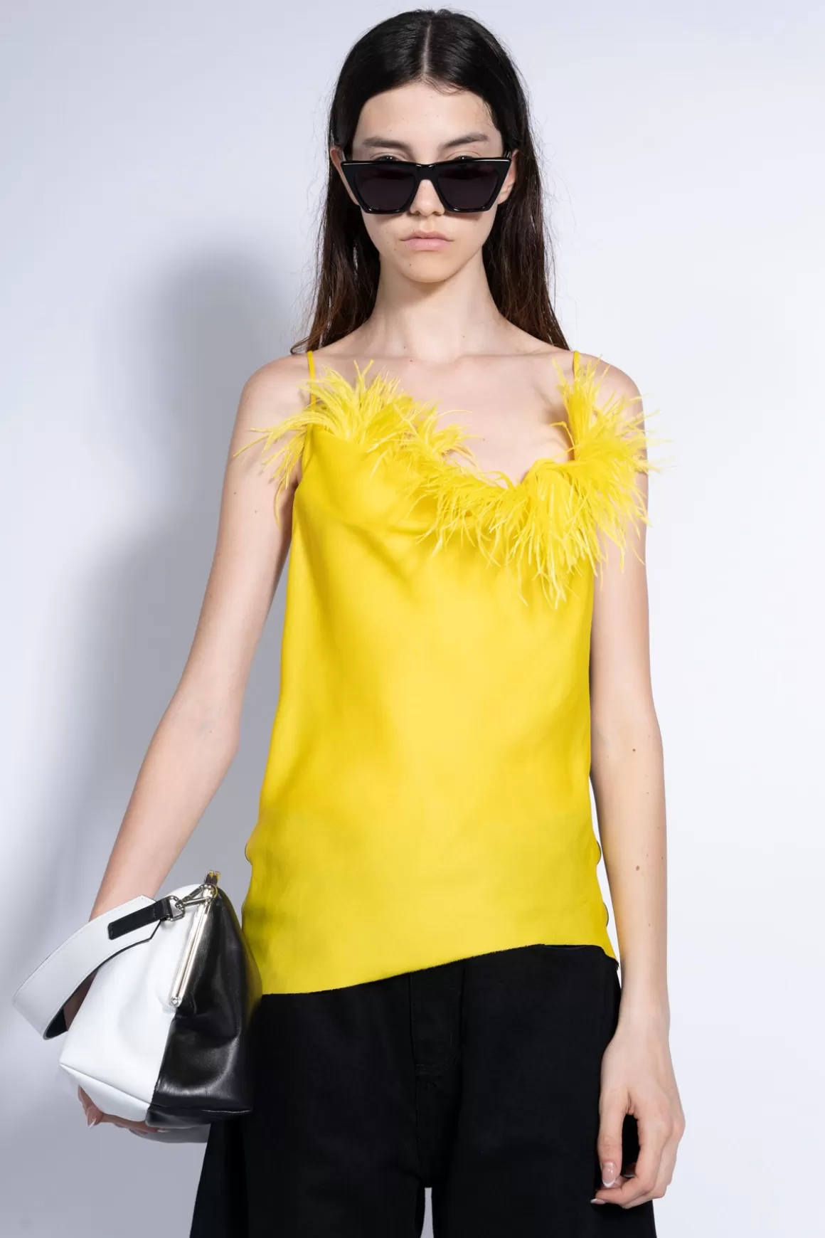 Outlet BLACK AND YELLOW FEATHER DRAPED SLIP TOP Women TOPS