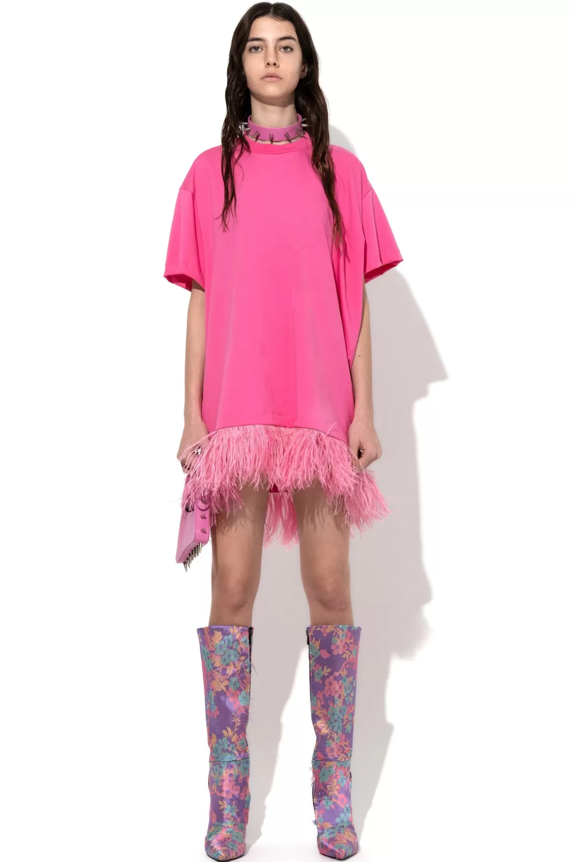 Fashion BRIGHT PINK FEATHER HEM T-SHIRT Women DRESSES | TOPS