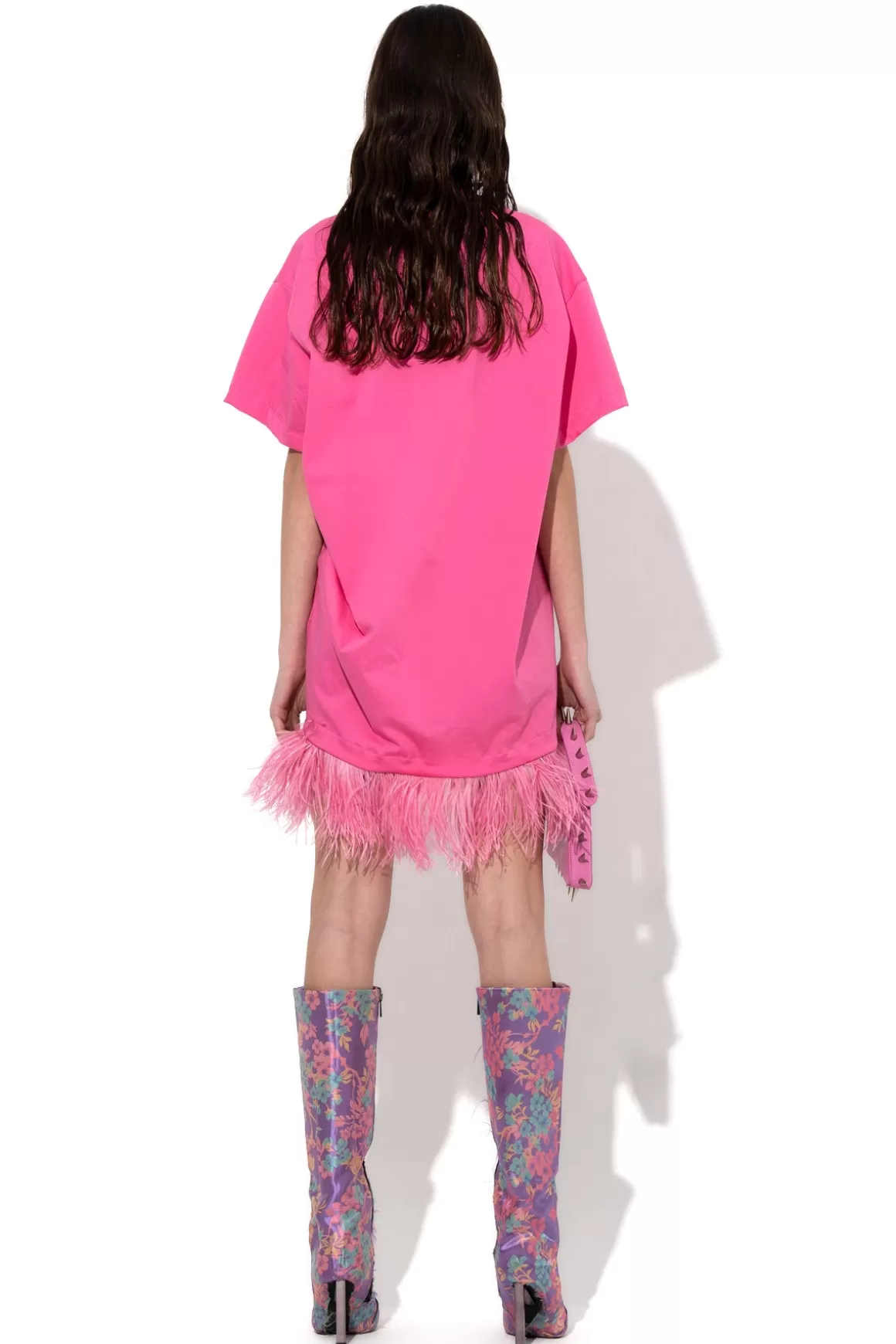 Fashion BRIGHT PINK FEATHER HEM T-SHIRT Women DRESSES | TOPS