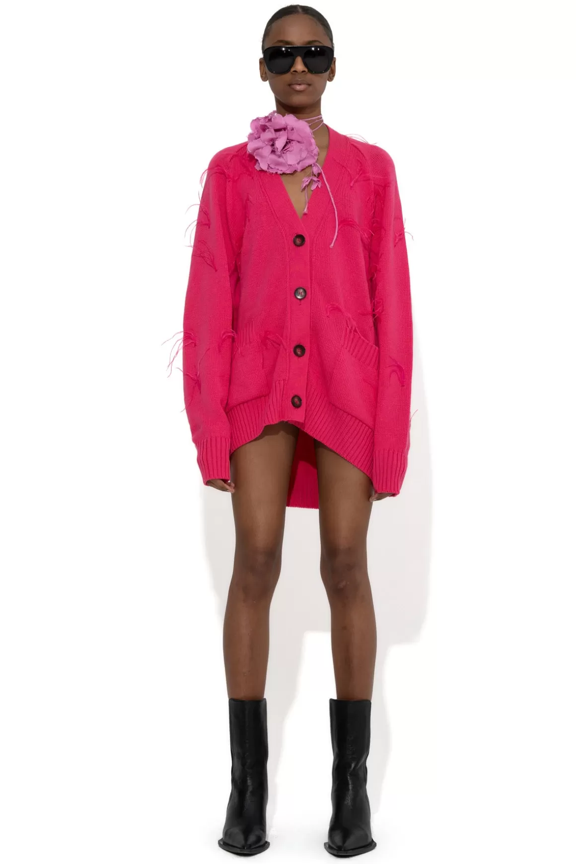 Best BRIGHT PINK MERINO WOOL OVERSIZE CARDIGAN WITH FEATHERS Women OUTERWEAR | KNITWEAR