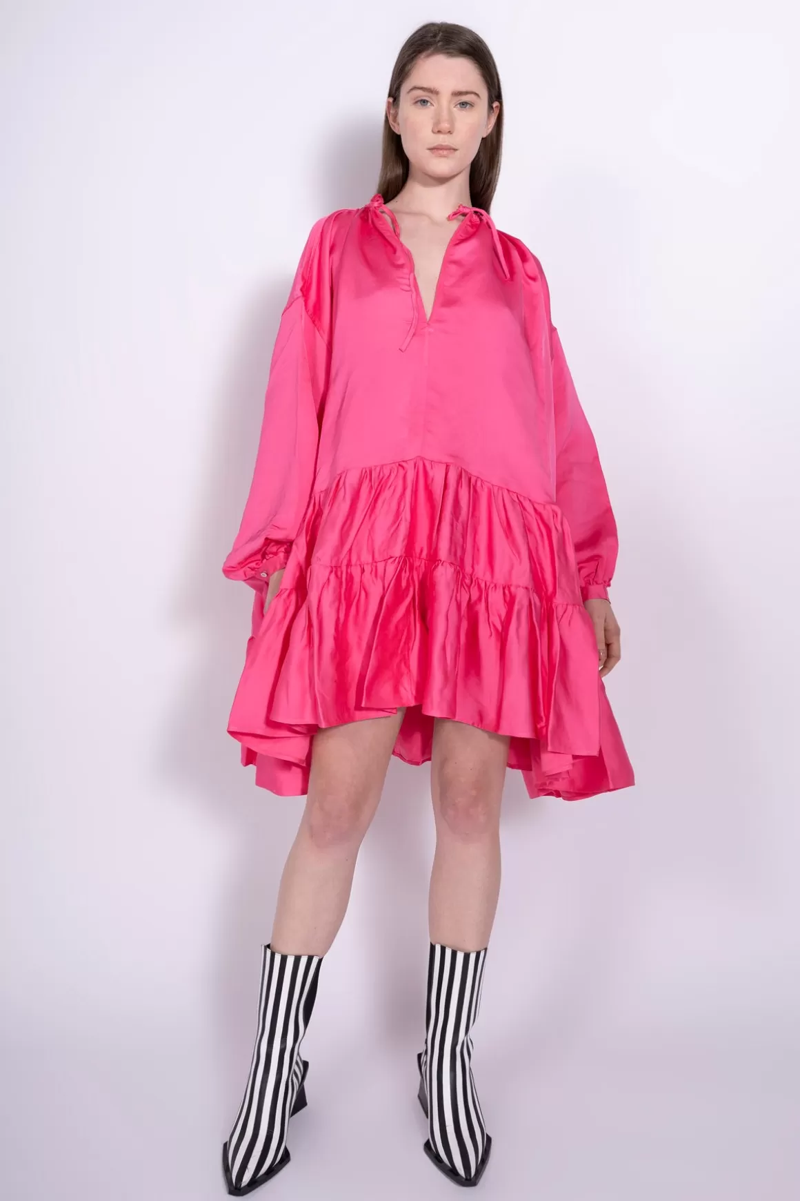 Fashion BRIGHT PINK OVERSIZED TIERED GATHERED DRESS Women DRESSES