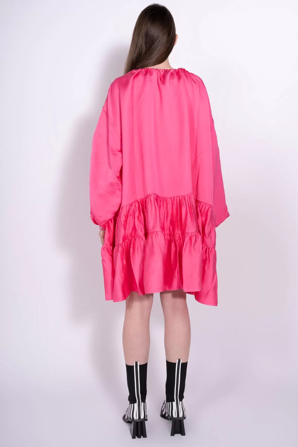 Fashion BRIGHT PINK OVERSIZED TIERED GATHERED DRESS Women DRESSES