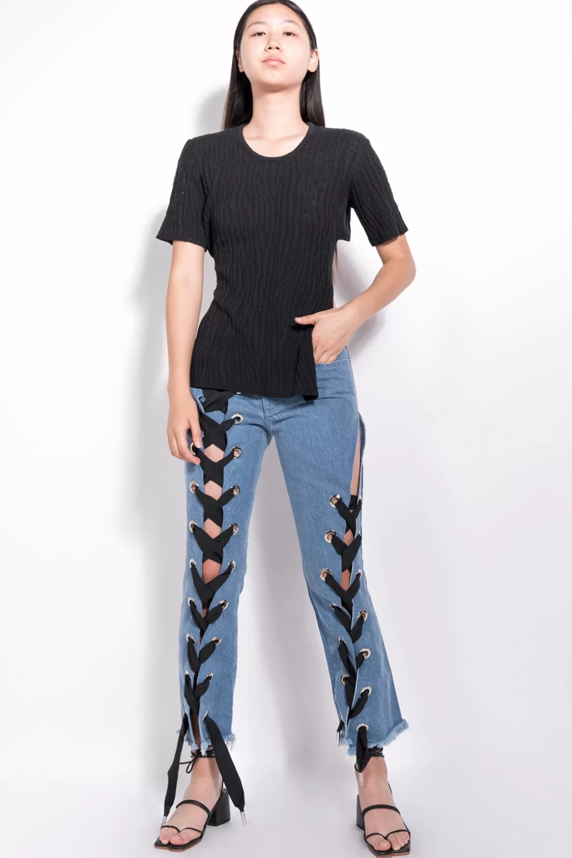 Outlet DENIM LACE UP CAPRI TROUSERS Women BOTTOMS | M’A DENIM