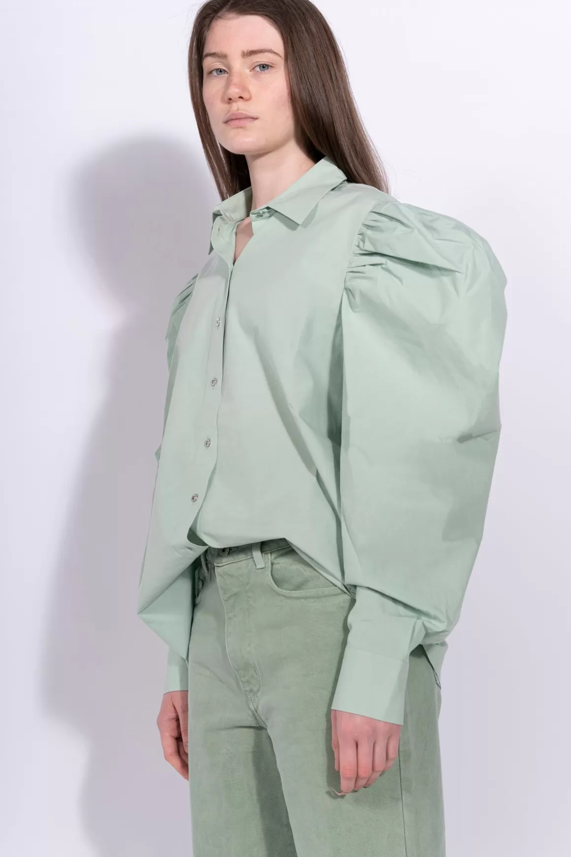 Fashion GREEN PUFF SLEEVE SHIRT Women TOPS