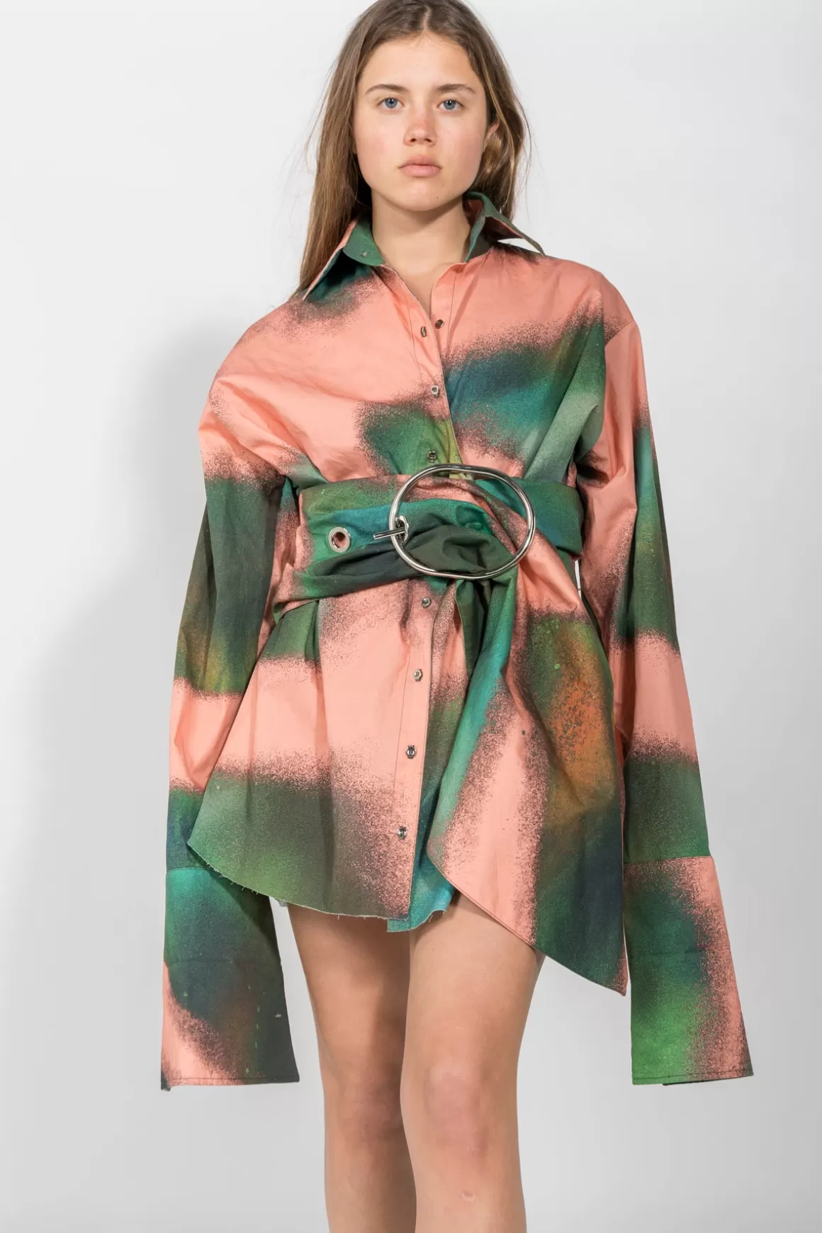 Hot LARGE BUCKLE SHIRT IN PINK & GREEN PRINT Women DRESSES