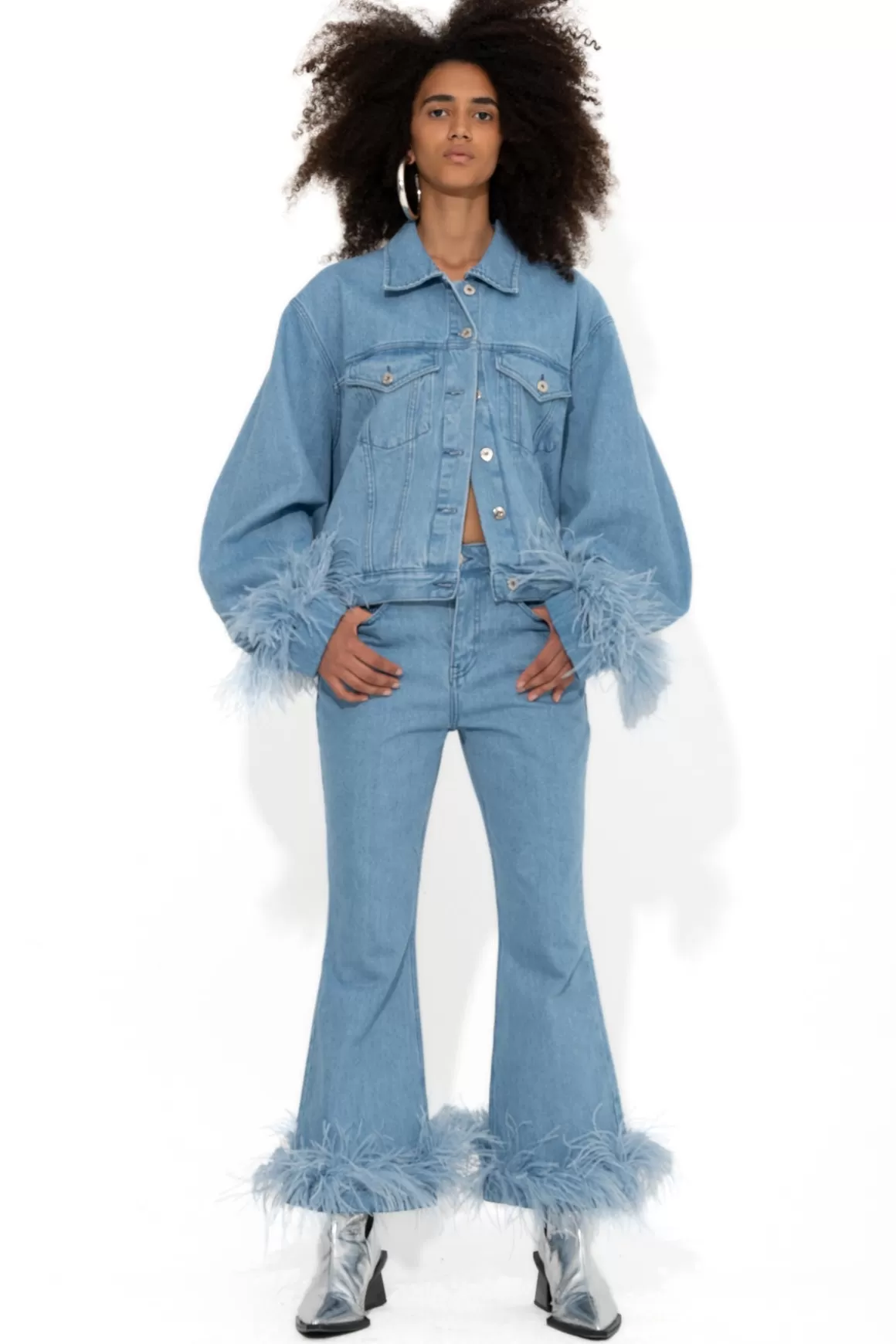 New LIGHT BLUE FEATHER CUFF JACKET Women OUTERWEAR