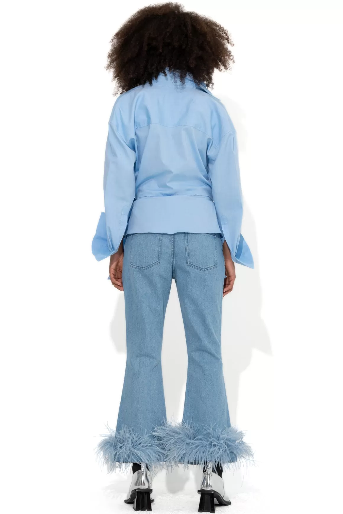 Hot LIGHT BLUE FEATHER HEM CAPRI JEANS Women BOTTOMS