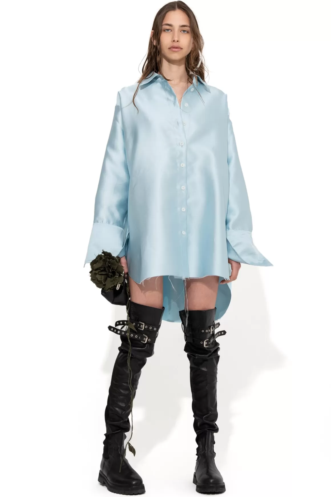 New LIGHT BLUE SATIN OVERSIZED SHIRT Women TOPS | OUTERWEAR