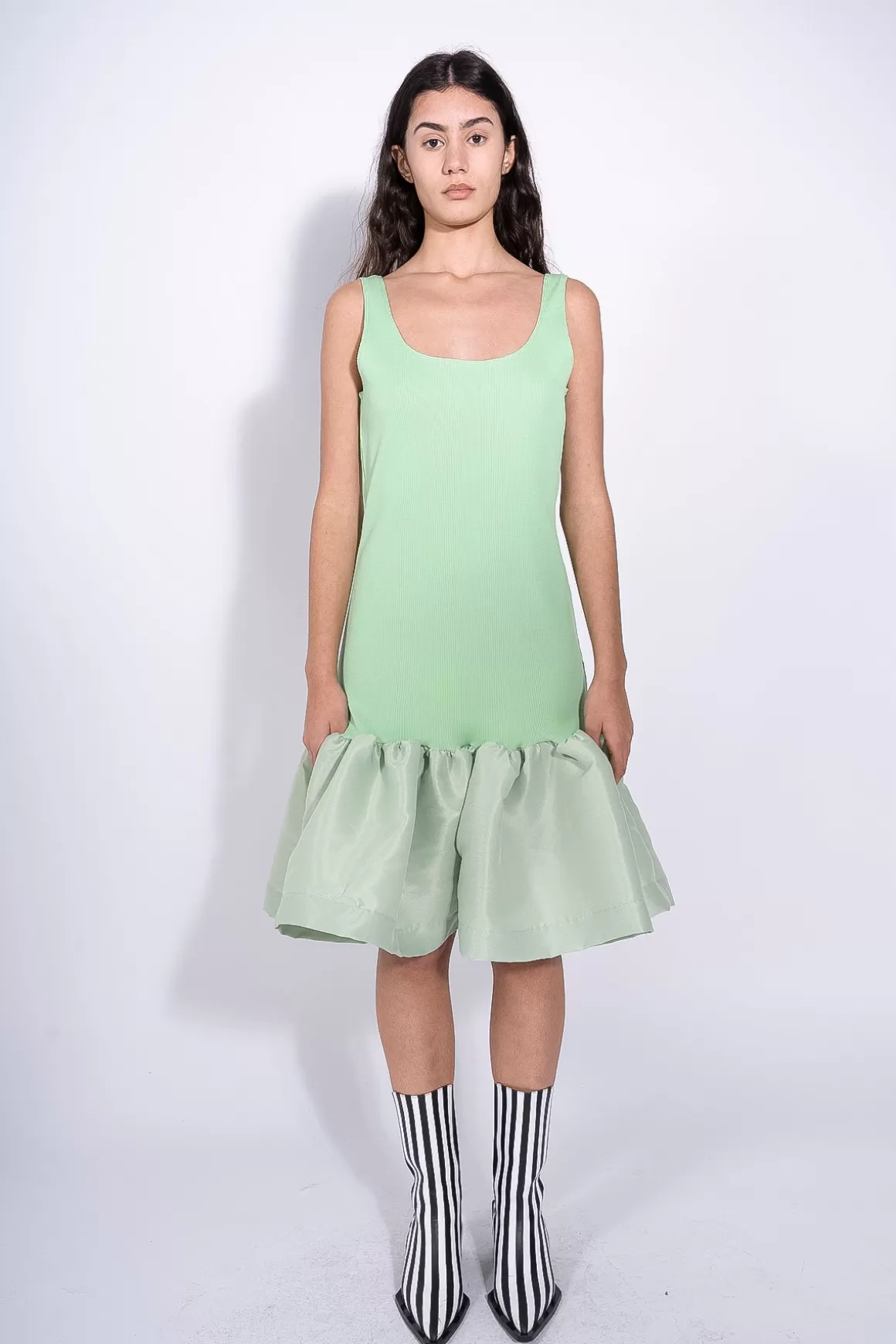 Clearance LIGHT GREEN SLEEVELESS PUFF HEM DRESS Women DRESSES