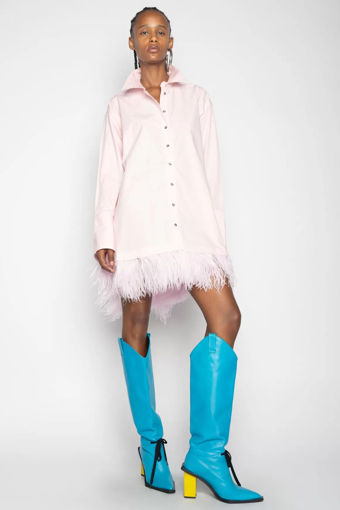 Discount LIGHT PINK FEATHER HEM SHIRT DRESS Women DRESSES