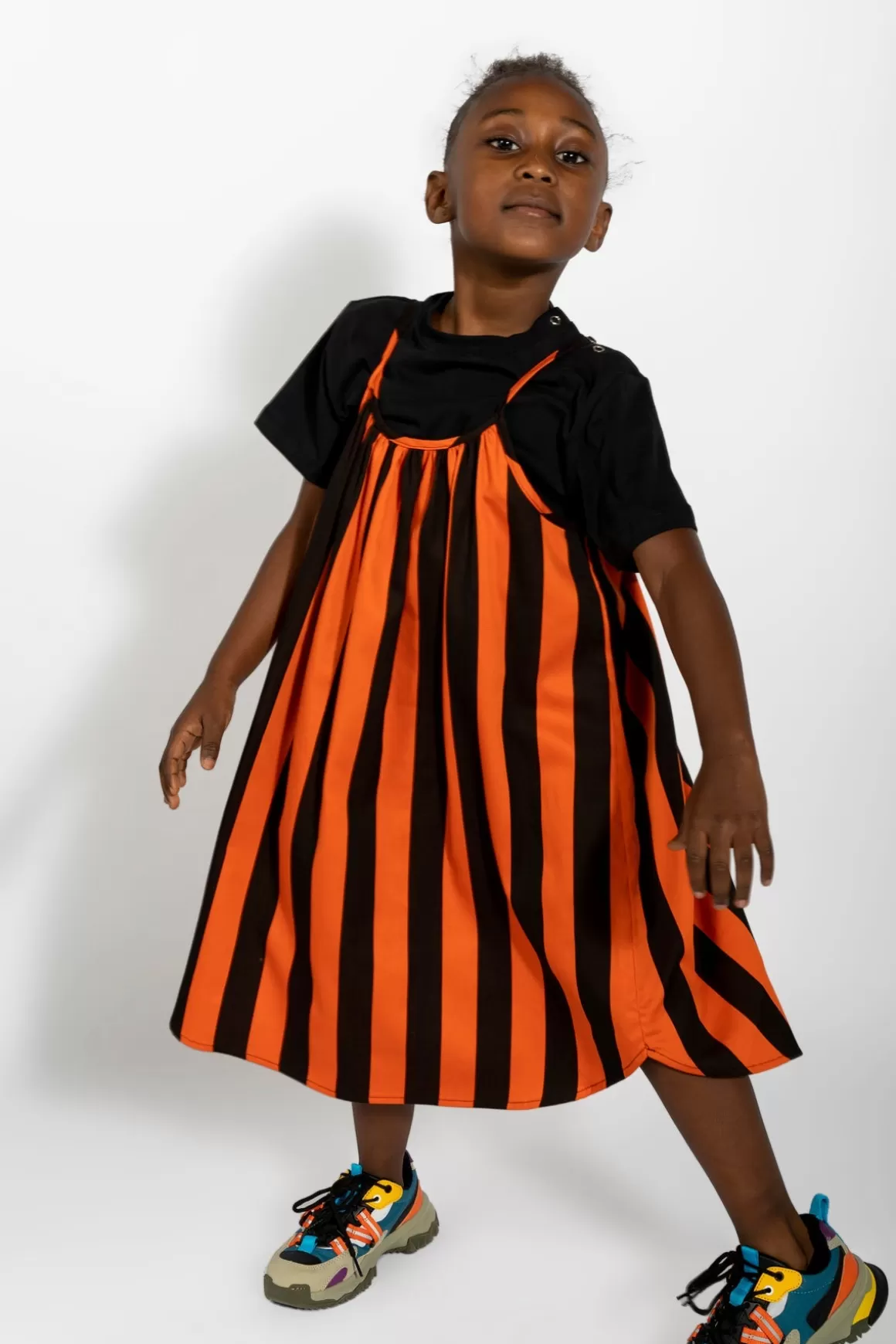 Sale ORANGE AND BLACK STRIPED COTTON STRAP DRESS Kids DRESSES