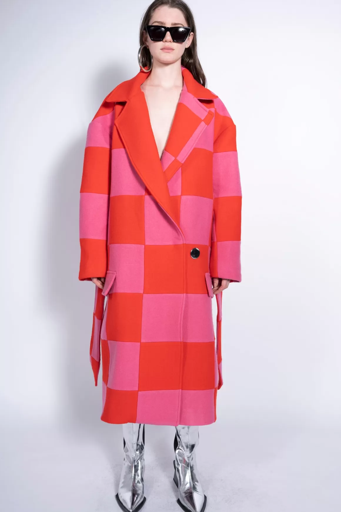 Cheap PINK AND RED CHECKED LONG COAT Women OUTERWEAR