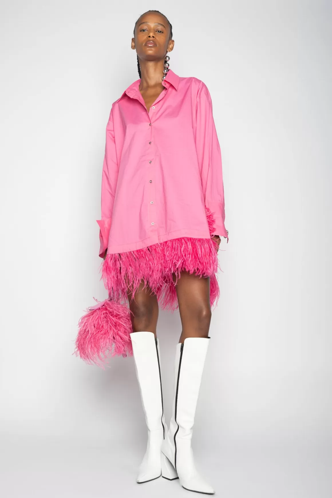 New PINK FEATHER SHIRT DRESS Women DRESSES