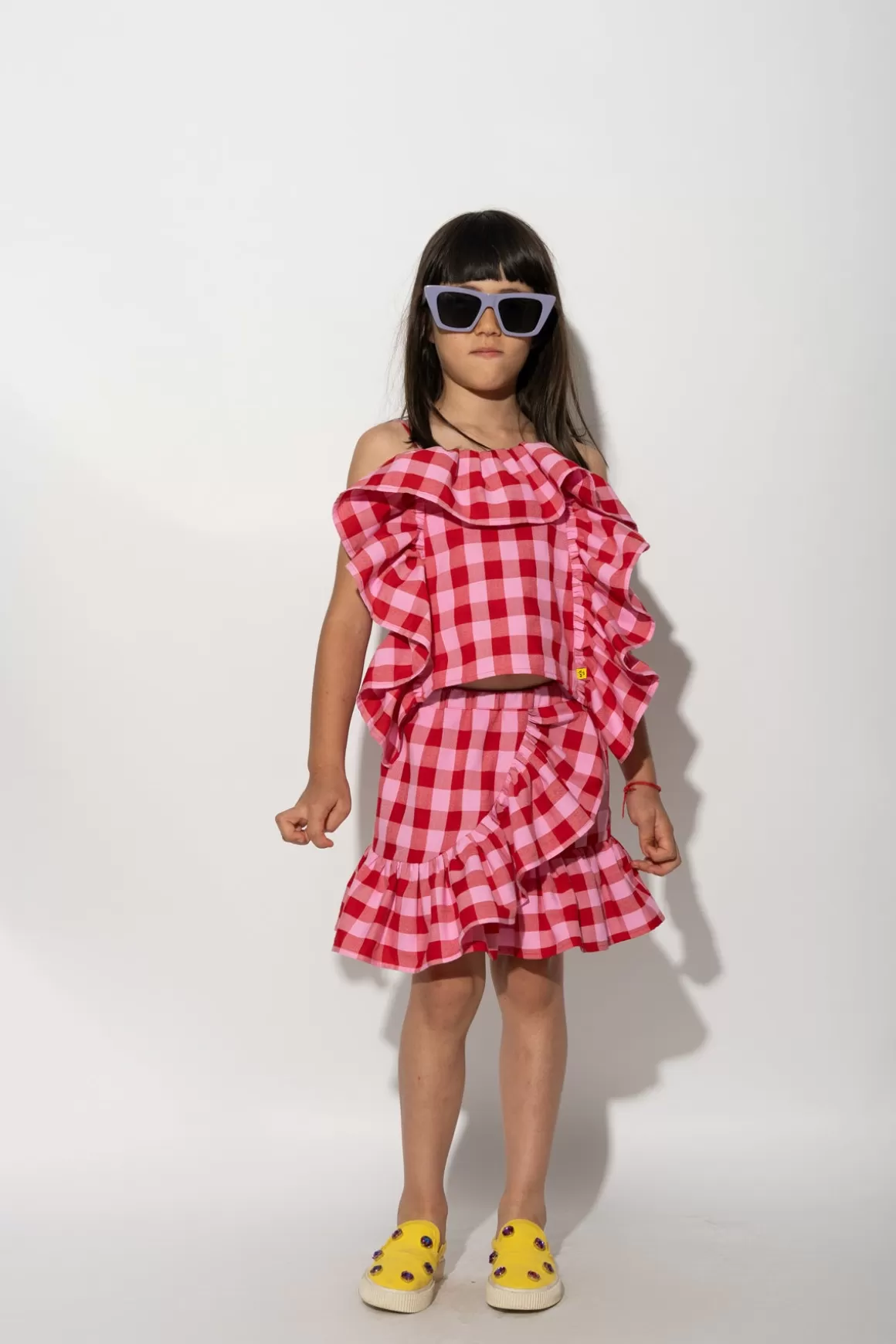 Hot RED AND PINK GINGHAM FRILL TOP Kids TOPS