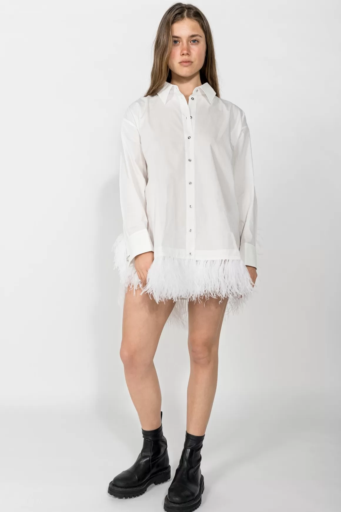 Cheap FEATHER HEM SHIRT DRESS Women DRESSES