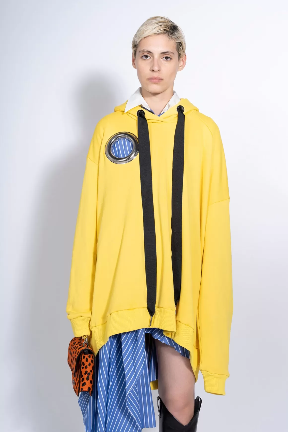 Shop YELLOW ASYMMETRIC HOODIE WITH BIG EYELET Women TOPS